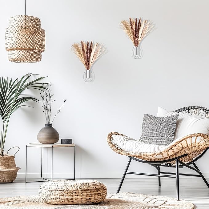 Otoolling Boho Wall Decor Set of 2 – Metal Hanging Wall Art with Faux Pampas,Minimalist Bohemian Accent for Living Room, Bedroom, Entryway(Silver)