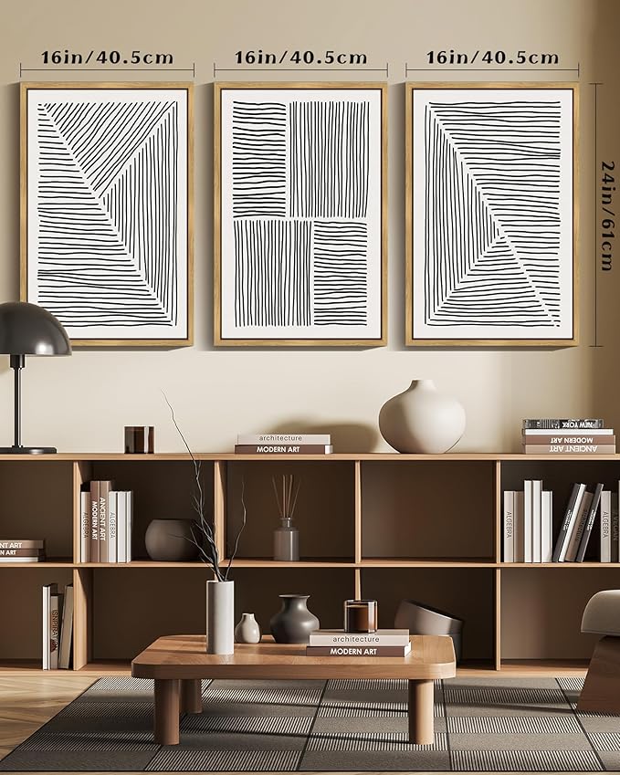 Drsoum Mid-Century Modern Framed Wall Art Large 16x24in Minimalist Abstract Boho Black Line Wall Decor Geometric Artwork Kitchen Dining Room Natural Framed