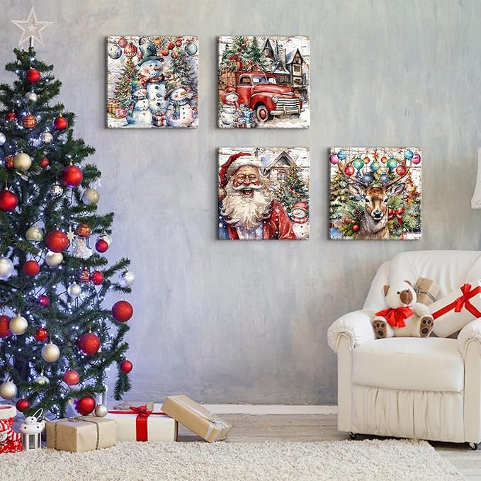 Christmas Pictures Wall Decor Santa Claus Snowman Wall Art Xmas Decorations Vintage Watercolor Deer Elk Posters Canvas Prints Colorful Winter Artwork for Living Room Bedroom Holiday Gifts 12x12" 4P
