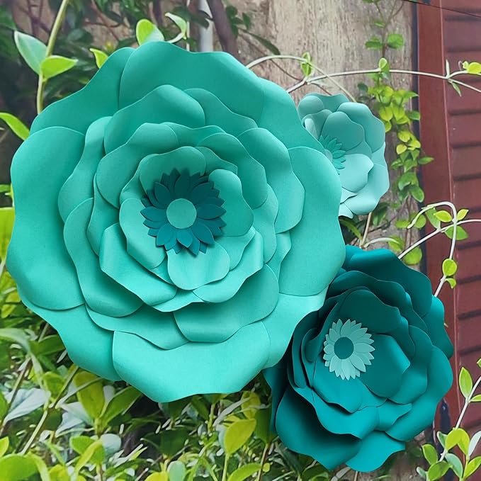 Turquoise Teal Paper Flower with Gold Leaf for Wall Living Room Bed Room Wall Decoration Wedding Birthday Bridal Baby Shower Party Floral Decor Pack of 6