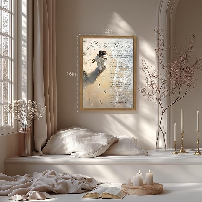 Clicyre Footprints in the Sand Christian Wall Art, Jesus Holding Child Canvas Print, Inspirational Bible Verse Poem Scripture Beach Artwork for Bedroom Prayer Room Church Wood Framed 16x24 Inch