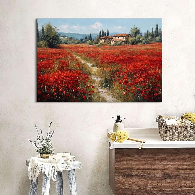 Abstract Red Flowers Wall Art Nature Poppy Landscape Canvas Wall Prints Vintage Floral Field Posters for Bathroom Country Flower Scenic Paintings Artwork for Living Room Bedroom Home Decoration 16x24"