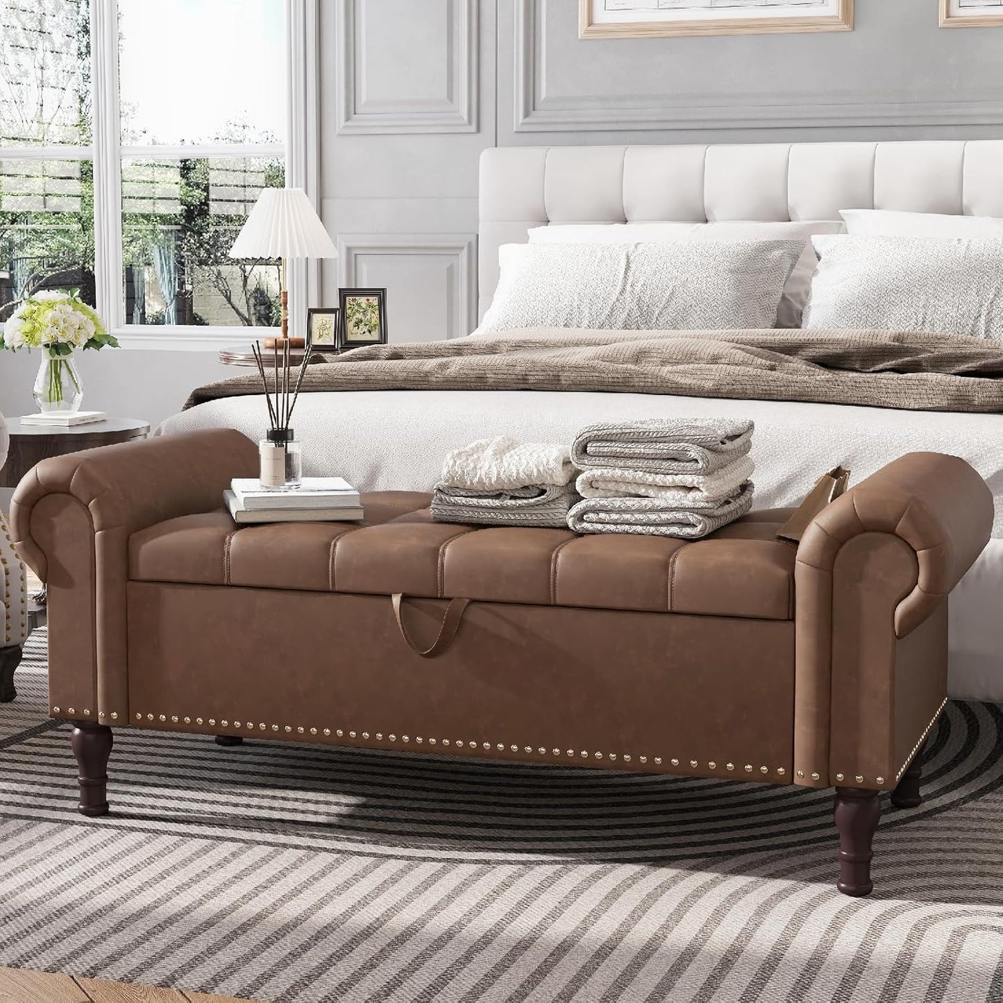 Apicizon 51”Ottoman with Storage, Queen Size End of Bed Storage Bench with Tufted Button, Upholstered Sitting Bench for Front Door Entrance,Bedroom,Dining Room, Entryway，Vintage Brown