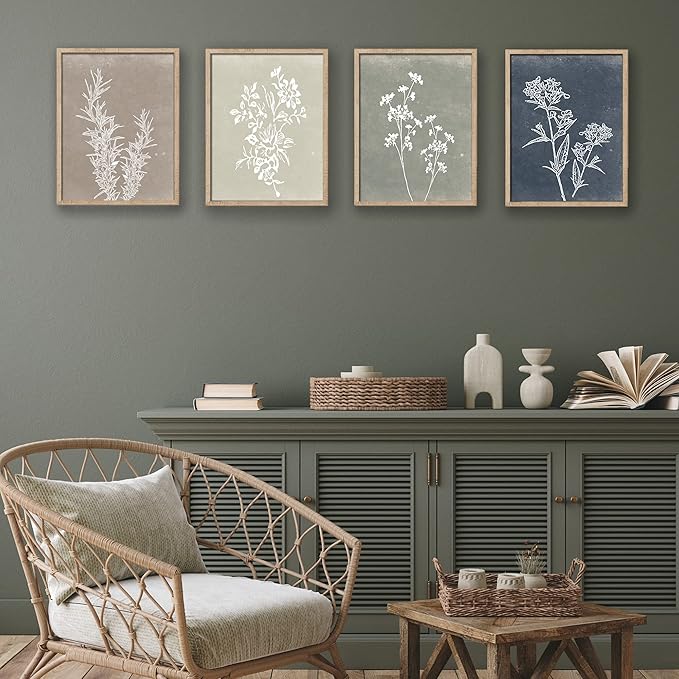 Liswit Framed Boho Wall Art Set of 4 for Wooded Minimalist Botanical Print Wall Art for Rustic Vintage Farmhouse Home Kitchen Wall Decor (Brown, 12x16)