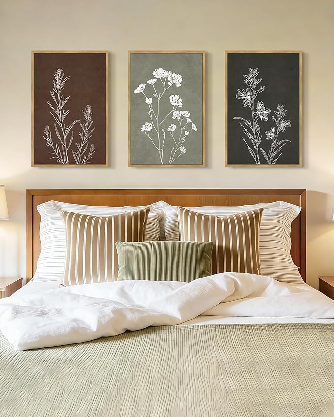 Drsoum Vintage Boho Flower Wall Art Framed Retro Botanical Floral Wall Prints Wildflower Neutral Rustic Bohemain Artwork Kitchen Bedroom Ready to Hang 16x24in Natural Framed
