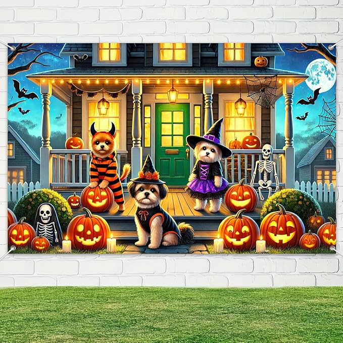 Halloween Dog Backdrop Banner Spooky Puppy Costume with Pumpkins Skeleton Witch Porch Decoration Party Photo Booth Background Scene 71×43 Inch
