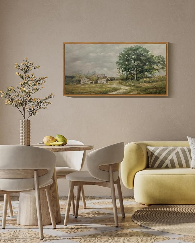 SHENIFY 20x40in Extra Large Vintage Framed Wall Art Rustic Country Road Landscape Painting Retro Countryside Scenery Farmhouse Bedroom Above of Bed Living Room Decor - Natural Framed