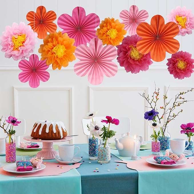BestoFun 12PCS Paper Flowers Fans Orange and Hot Pink Party Decorations Tissue Paper Flowers Decorations for Girl Groovy Birthday Baby Shower Wedding Bachelorette Room Wall Hanging Décor