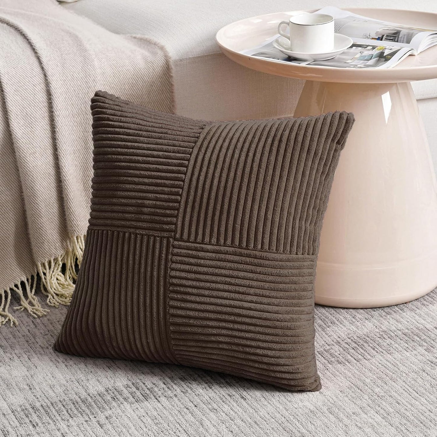 Fancy Homi 2 Packs Dark Brown Big Decorative Throw Pillow Covers 24x24 Inch for Living Room Couch Bed, Farmhouse Boho Home Decor, Soft Corss Corduroy Patchwork Accent Square Cushion Case 60x60 cm