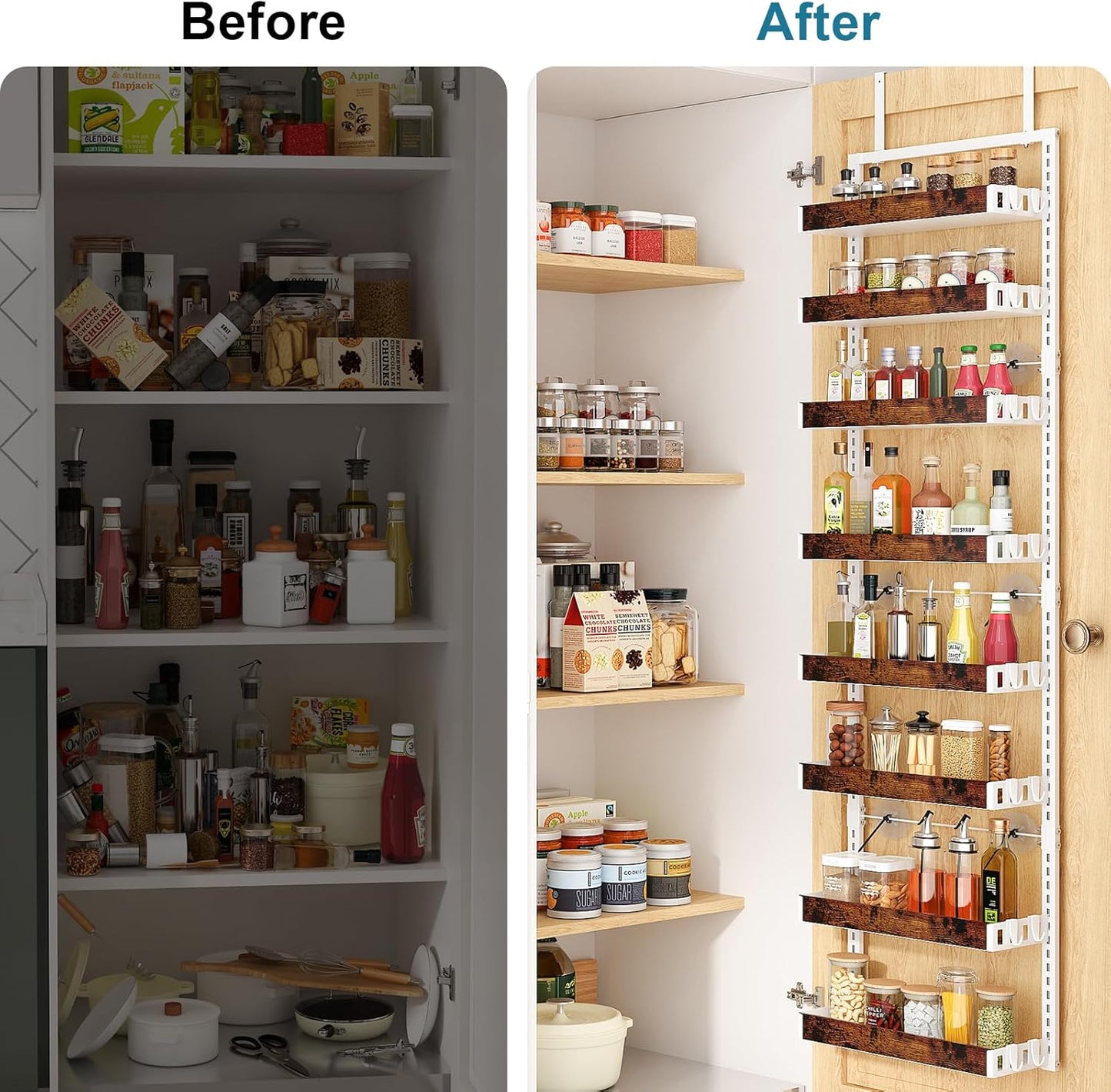 bukfen Over the Door Pantry Organizer, 8-Tier Adjustable Wooden Basket Kitchen Pantry Door Organization and Storage, 2 in 1 Wall Mount or Hanging Heavy-Duty Metal Hanging Kitchen Spice Rack,White