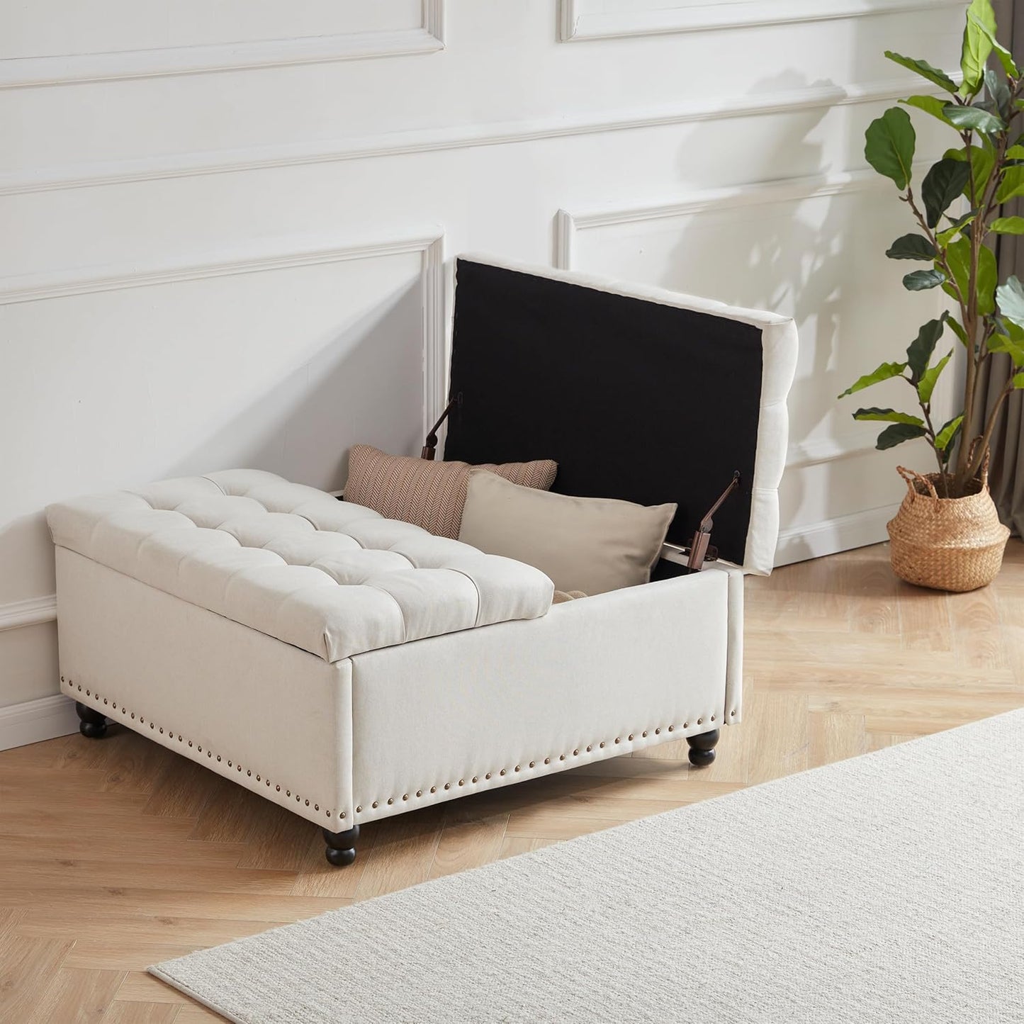 Tbfit Large Square Storage Ottoman Bench, Tufted Upholstered Coffee Table with Lift Top & Solid Wood Legs, Oversized Storage Ottomans Toy Box for Living Room (Beige)