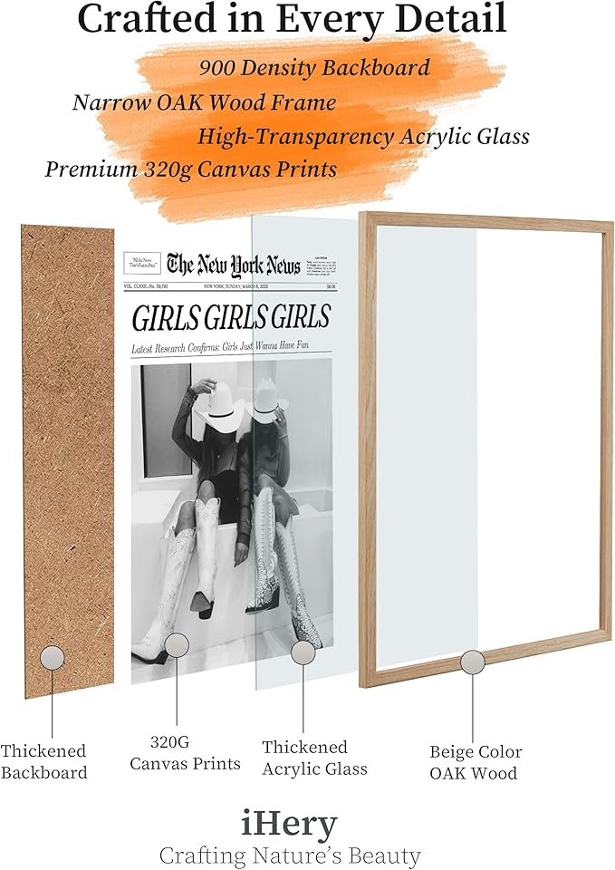 iHery Girls Just Wanna Have Fun Framed Trendy Cowgirl NewsPaper Wall Art, Large 16x20in Natural OAK Wood Black and White Canvas Wall Decor For Bedroom Dorm Living Room,Vintage Bar Car Home 1Pack