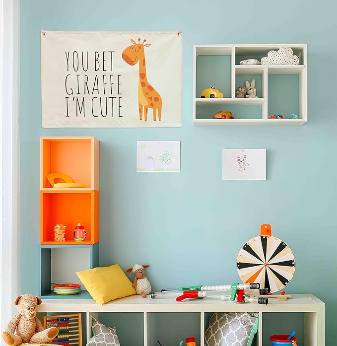 Nursery Canvas Rectangular Banner-Hanging Flag Sign for Baby Boy Girl Kids Teen,Bedroom Reading Room Playroom Decoration, Baby Shower Birthday Christmas Gift-You Bet Giraffe I’m Cute