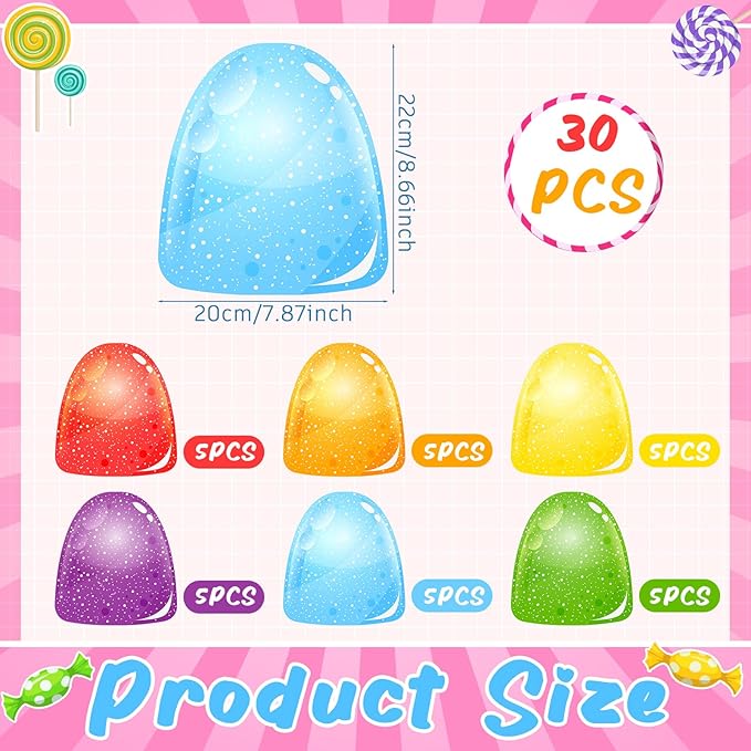 Spakon 30 Pcs Candy Birthday Party Decorations Candy Themed Floor Stickers Colorful PVC Gumdrop Jelly Wall Decals for Christmas Trunk or Treat Party Supplies