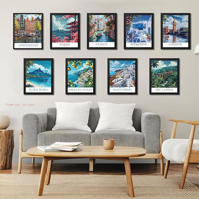 Vintage Travel Cities Posters Wall Art Set of 9,Europe Italy Cities Wall Decor, Trendy Modern The World Travel Canvas Art Prints Painting for Living Room Bedroom Bathroom Home Decor 8x10In Unframed
