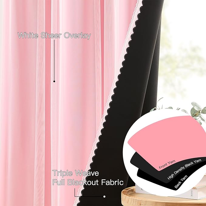 XiDi Double Layer Curtains with Sheer Overlay for Girls Kids Bedroom 96 Inches Long Pink Blackout Curtains Princess Nursery Thermal Insulated Room Darkening Grommet Drapes Lace Hem 2 Panels W52xL96