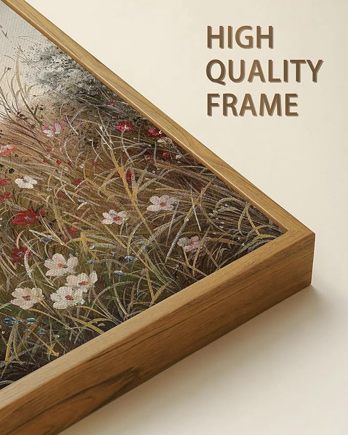 SHENIFY Vintage Landscape Framed Wall Art Meadow with Flowers Farmhouse Decor Retro Wildflower Field Scenery Painting for Kitchen Living Room Bedroom Bathroom - 8x10in Natural Framed