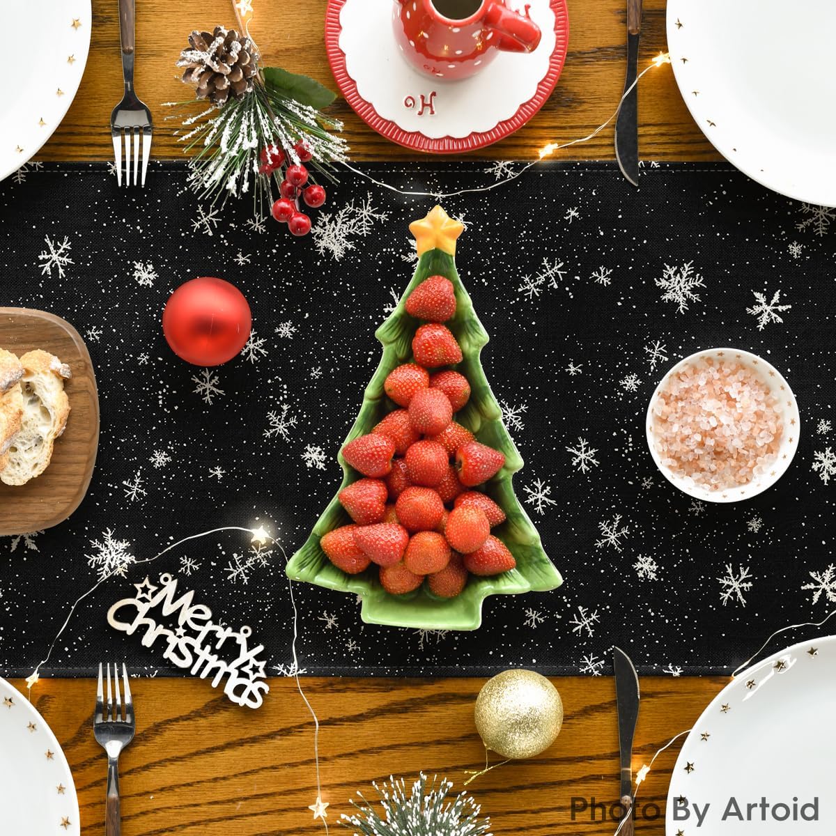 Artoid Mode Snowman Birds Trees Christmas Table Runner, Seasonal Black Winter Holiday Kitchen Dining Table Decoration for Home Party Decor 13 x 48 Inch