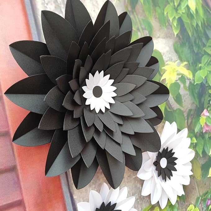 Black White Paper Flower for Wall (11''-7'' Assorted) DIY Floral Party Backdrop Nursery Room Baby Shower Girls Birthday New Year Party Photo Backdrop Pack of 6