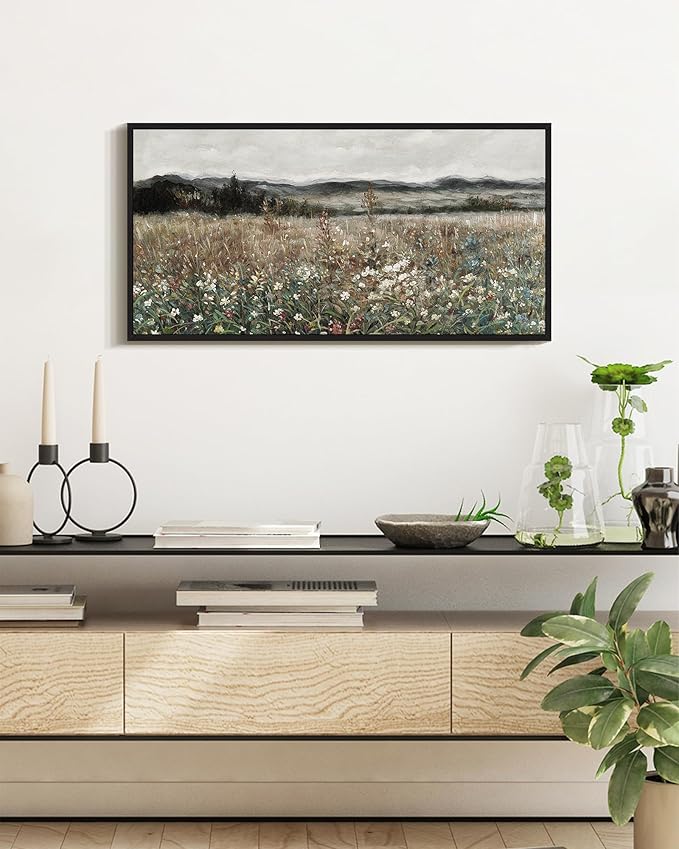 SHENIFY Vintage Landscape Framed Wall Art Meadow Flowers Farmhouse Decor Retro Classic Painting for Kitchen Bedroom Living Room Bathroom - 8x16in Black Framed