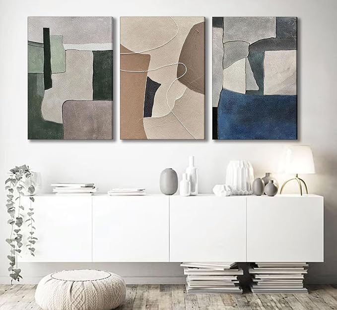 3pcs Abstract Texture Canvas Wall Art Modern Boho Neutral Geometry Wall Decor Pictures Beige Green Blue Minimalism Posters Prints for Living Room Bedroom Office Home Decoration Prepare To Hang