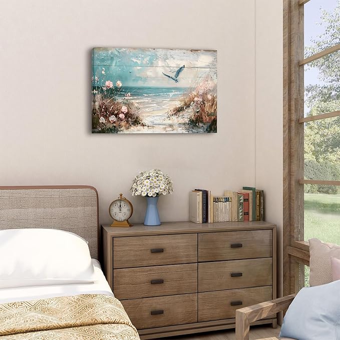 Seagull Wall Art Pink Flowers Canvas Prints Ocean Wall Decor Seabird Painting Beach Picture Nautical Poster Coastal Photo Vintage Seascape Artwork Framed for Kitchen Living Room Home Decoration 16x24