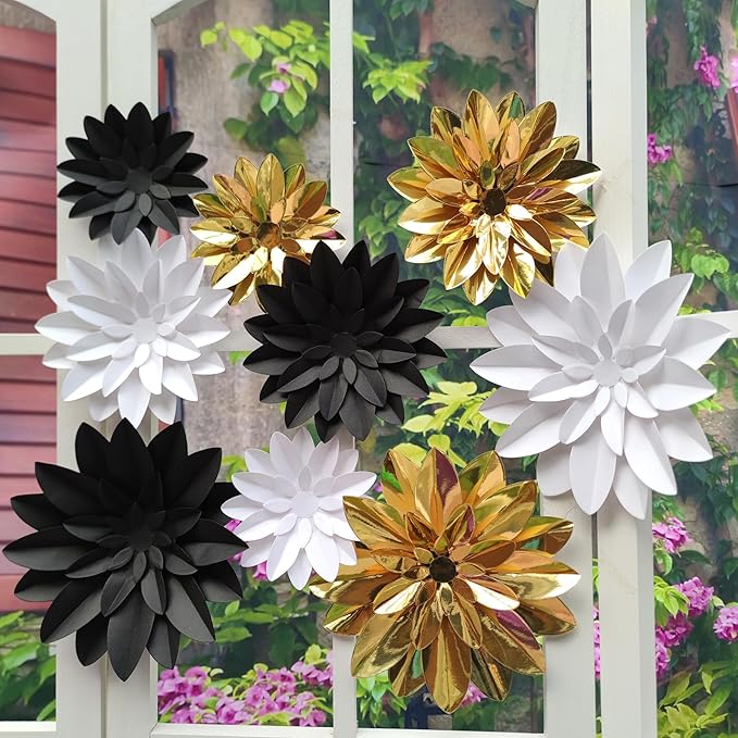 3D Paper Flower for Wall Wedding Backdrop Bridal Shower Party Centerpieces Home Wall Decor Pack of 9 (Black White Gold)