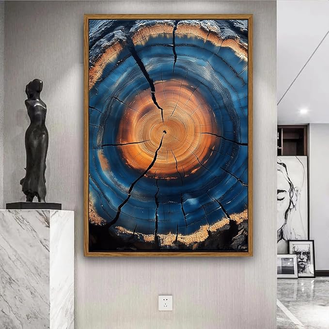 IBHJSART Framed Tree Ring Canvas Wall Art Blue Wall Art Wood Stump Painting Prints Modern Minimalist Pictures Neutral Nature Rustic Farmhouse Decor Living Room Bedroom Bathroom Office