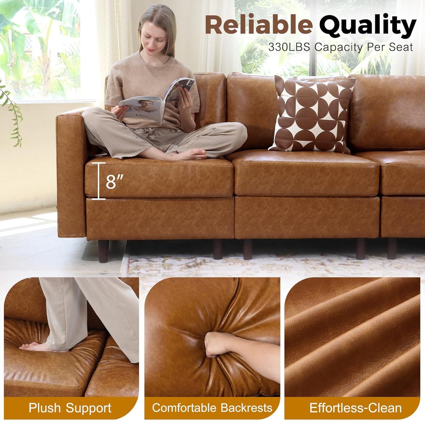 Faux Leather Single Sofa, Modern Accent Chair Brown with Storage Deep Seat Large Reading Armchair for Living Room Bedroom Office