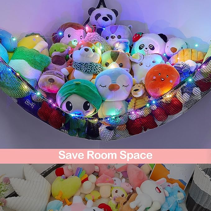 Unicorn Castle Stuffed Animals Net or Hammock Kids Toy Storage Organizer with LED Light Hanging Corner Stuffed Animals Holder Kids Girls Room Decor,Black,Large (Pack of 2)