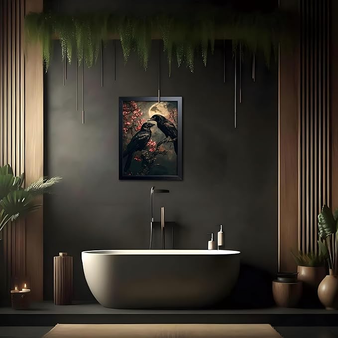 Vintage Framed Wall Art, Forest Gothic Decor, Dark Academia Celestial Moon Canvas Prints, Black Crow Cherry Blossom Painting Wall Decor for Living Room Bedroom – Black Wooden Frame 12x16 Inch