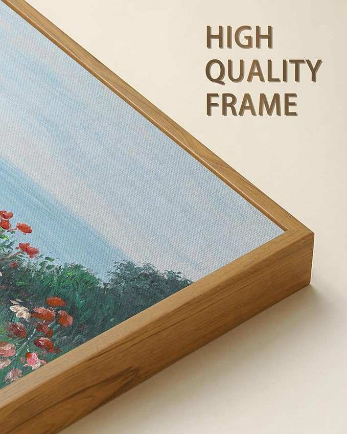 SHENIFY Vintage Framed Wall Art Coastal Wildflower Field Poppy Flower Landscape Scenery Home Decor Retro Decorations for Farmhouse Bedroom Ready to Hang Wall Artwork - 8x16in Natural Framed