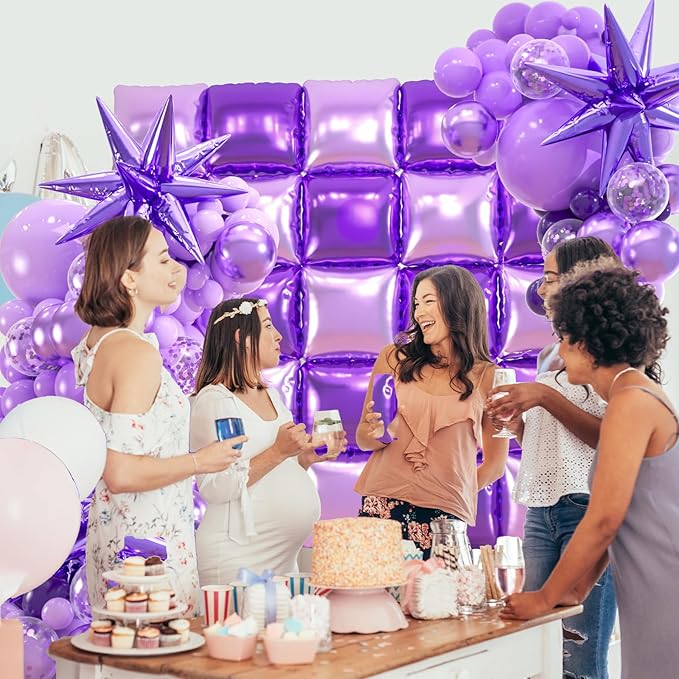 25+149pcs Double-Sided Purple Balloon Wall Kit - 25 Dark/Light Purple Foil Square Balloons 146 Metallic Lavender Purple Latex Balloon Garland & Star Balloons for Wedding, Birthday Backdrop