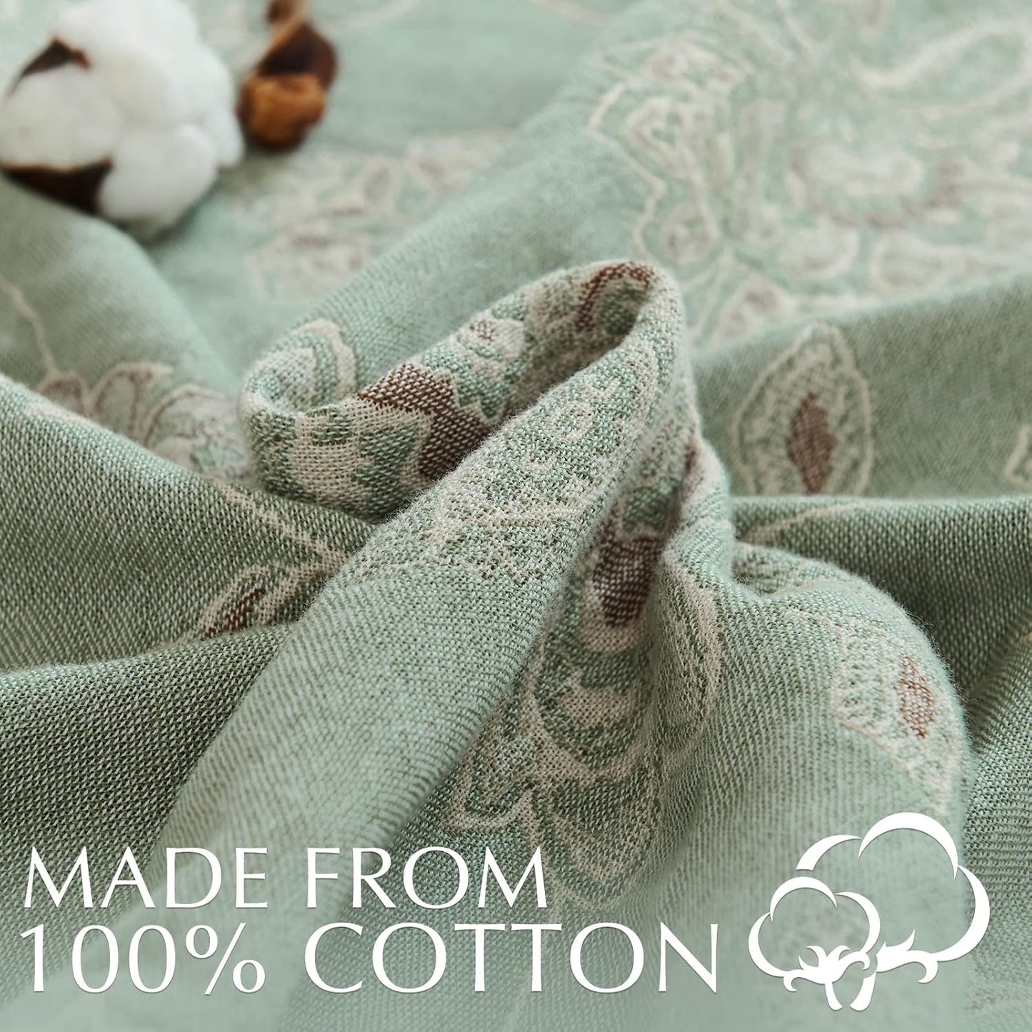 jinchan Boho 100% Cotton Muslin Twin Size 50x60 Inches Blanket Lightweight 4-Layer Quilted Soft Green and Beige Floral Throw Blanket Reversible Comfy Flower Breathable All Seasons Couch Bedroom Decor