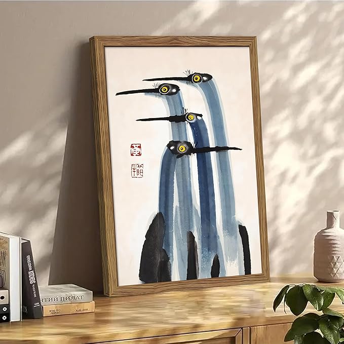 Framed Vintage Canvas Wall Art, Elegant Ink Cranes Painting, Antique Watercolor Prints, Classic Chinese Style Bird Artwork, Farmhouse Wall Decor for Living Room Study Office – 16x24 inch
