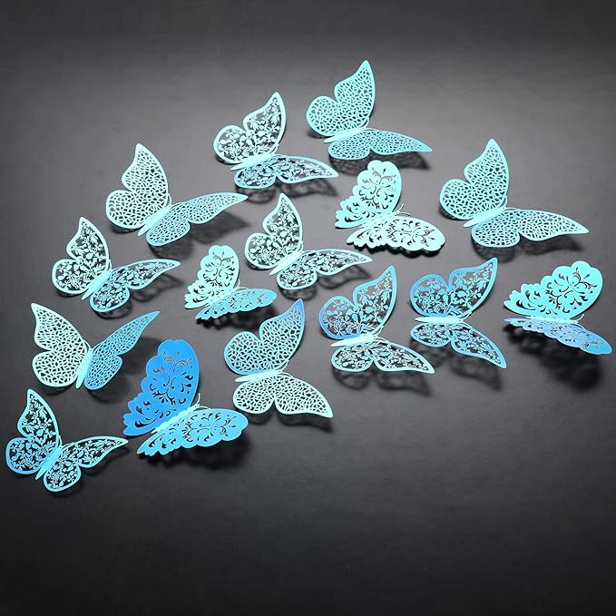 Bememo 72 Pieces 3D Butterfly Wall Decals Sticker Decal Wall Decor Art Decorative Sticker 3 Sizes for Room Offices Bedroom Bathroom Living Room Decor(Holographic Blue)
