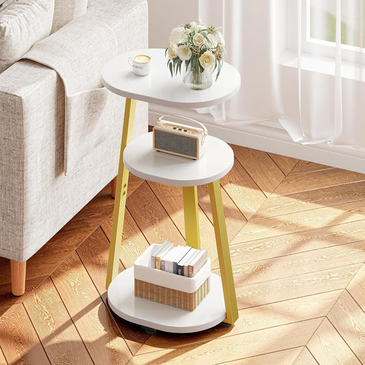 Side Table, Small End Table with Metal Frame, 3-Tier Bedside Tables, Round Side Tables for Living Room Bedroom Couch Bathroom, Oval, White