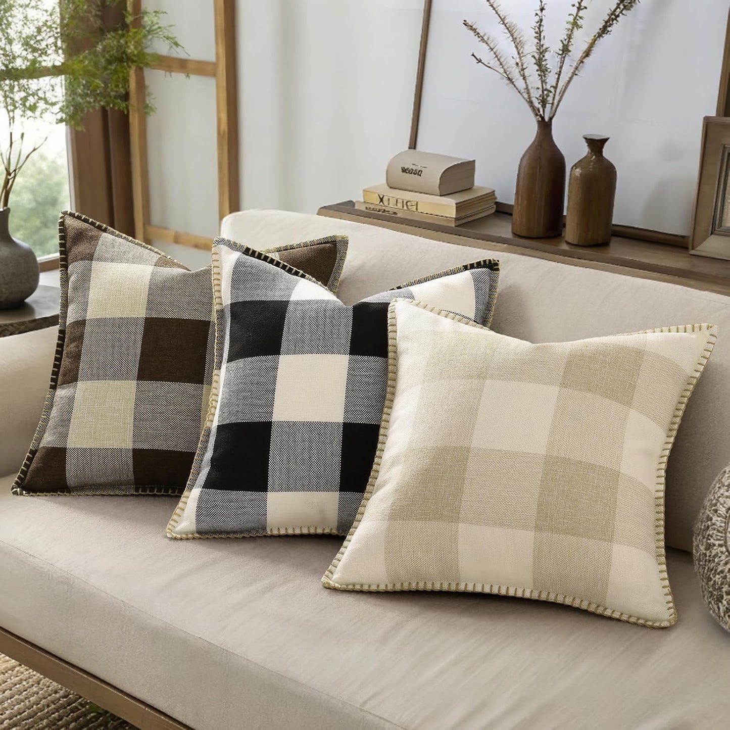 decorUhome Buffalo Plaid Check Throw Pillow Covers 20x20 Set of 2, Outdoor Decorative Farmhouse Neutral Pillow Covers with Stitched Edge for Bed Couch Sofa, Brown and Beige