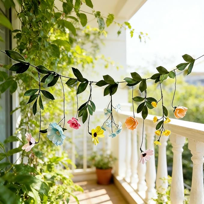 Handmade Wildflower Garland, Pastel Paper Flower Floral Wall Hanging Decor with Assorted Blooms for Home Decor, Wedding Backdrop, Party Decoration