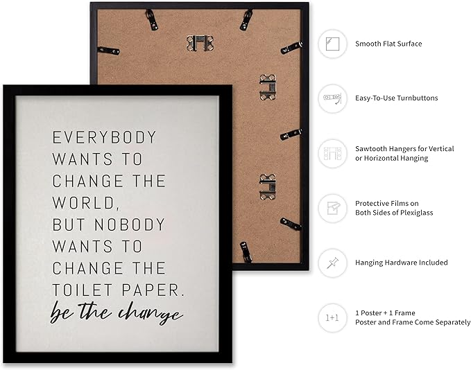 Poster Master Vintage Minimalist Poster - Retro Funny Print - Be The Change, Toilet Paper, Joke, Humor, Unique - Gift for Artist, Friend - Wall Decor for Bathroom, Restroom, 11x14 Black Framed