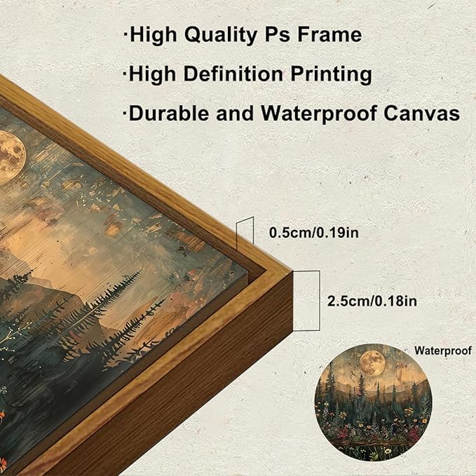KBKBART Framed Canvas Wall Art Vintage Decor, Forest Moon Painting Prints, Nature Pine Tree Woodland Wall Decor, Dark Cottagecore Landscape Artwork for Living Room Bedroom 8x10 inch