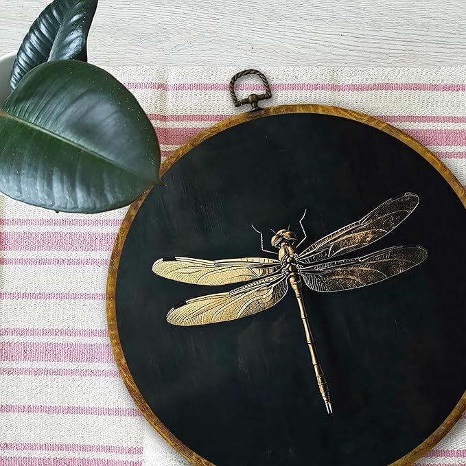 Mcehtle Moody Dragonfly Wall Art Decor, Vintage Dark Academia Insect Framed Canvas Prints 10x10, Cottagecore Minimalist Round Wall Hanging Artwork Decorations for Gallery Bedroom Living Room