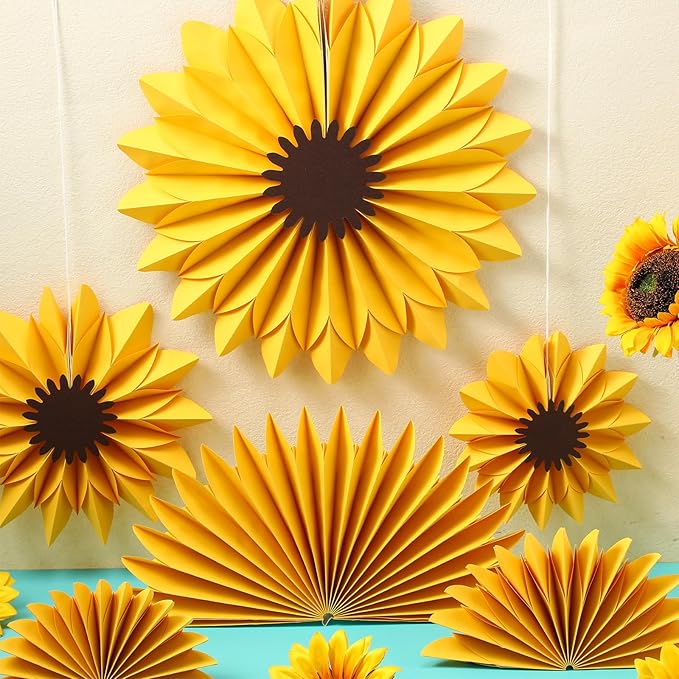 Containlol 12 Pcs Paper Flowers Decorations for Wall Sunflower Daisy Paper Fans Classroom Decoration 3D Floral Hanging Fans for Birthday Wedding Baby Shower Spring Decor(Yellow,Sunflower)