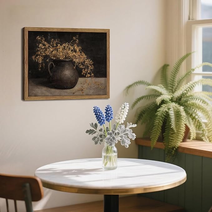 Vintage Dark Framed Wall Art, Farmhouse Floral Autumn Painting, Cottagecore Botanical Vase Wall Decor, Country Cottage Pictures Aesthetics Canvas Print for Living Room Bedroom – 12x16 inch
