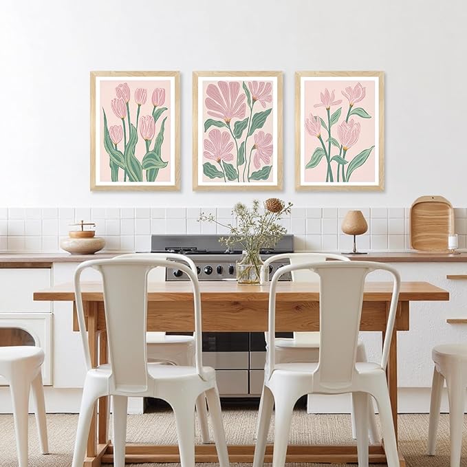 JLTULT 3 Pieces Pink Tulips Floral Wall Art, Boho Pink Green Botanical Wall Decor, Modern Abstract Flowers Paintings Art Prints for Living Room Bedroom Home Office12x16 inch Wood Framed Ready to Hang