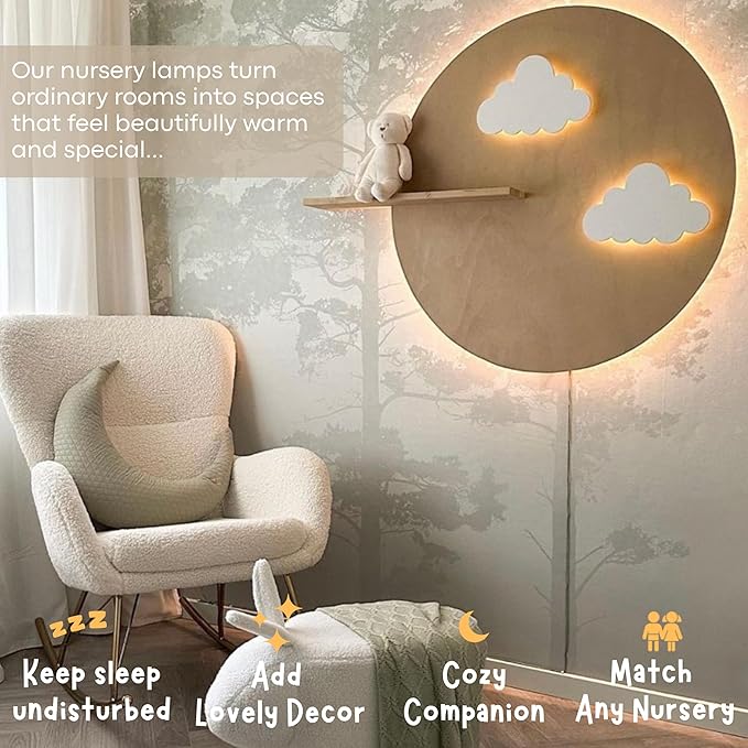 Cloud Wall Lights 2 Pack for Nursery – Dimmable & Rechargeable Night Lights for Baby Room Decor (Star Decals Included)