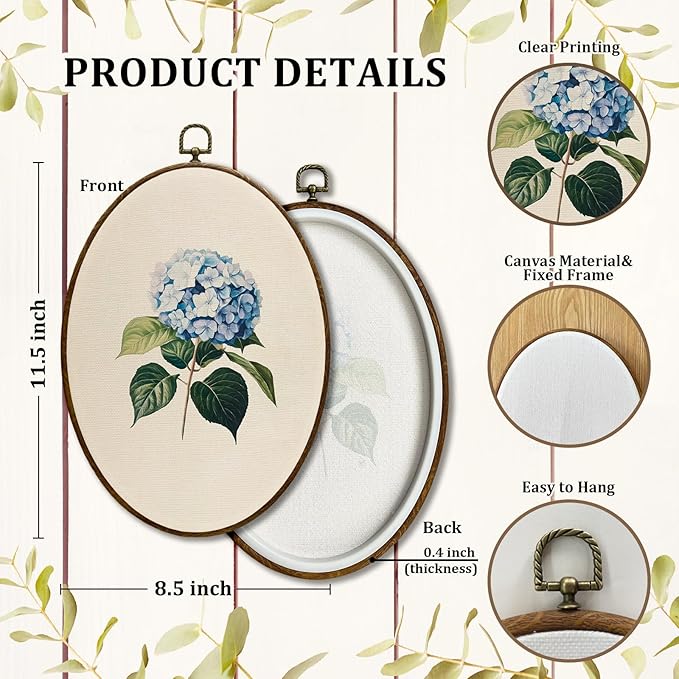 JQF Vintage Blue Hydrangea Floral Oval Wall Decor, Cottagecore Hydrangea Flower Oval Canvas Wall Art, Rustic Farmhouse Floral Framed Prints Hanging Decor for Home Bedroom Living Room, 8.5x11.5 Inch