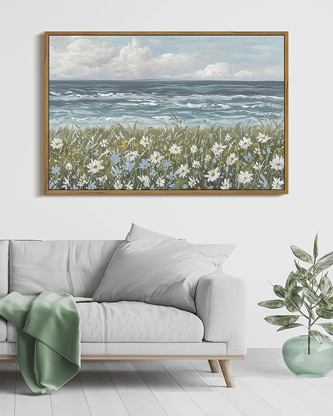 SHENIFY Vintage Landscape Framed Wall Art Sea Coastal Wildflower Field Scenery Farmhouse Decor Retro Painting for Living Room Bedroom Ready to Hang Wall Artwork - 24x36in Natural Framed