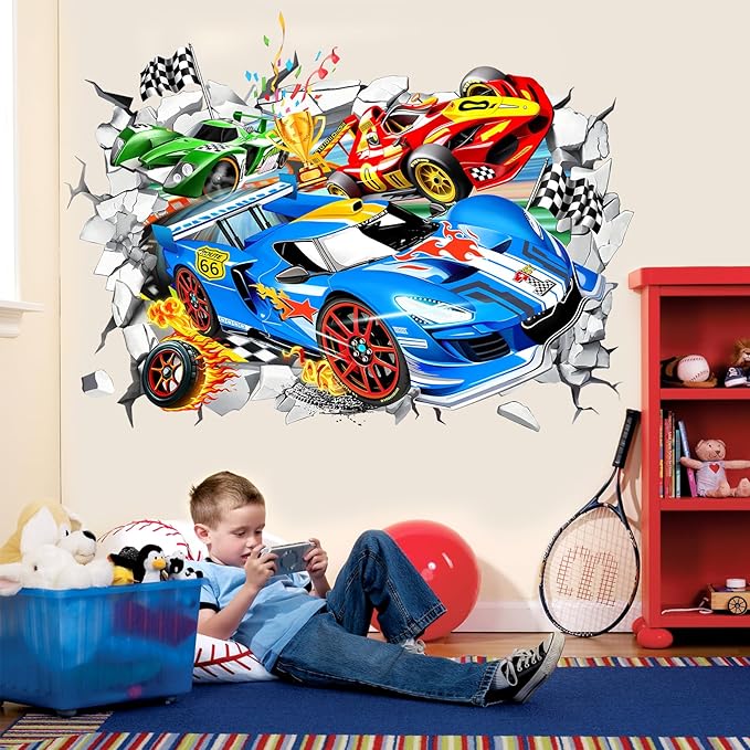 wondever Large 3D Racing Car Wall Stickers Vehicles Break Through Peel and Stick Wall Art Decals for Boys Room Kids Bedroom Playroom