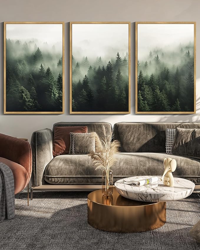 SHENIFY Green Fog Pine Tree Forest Canvas Wall Art Large 24x36in Framed Modern Artwork Prints Decor - Natural Framed